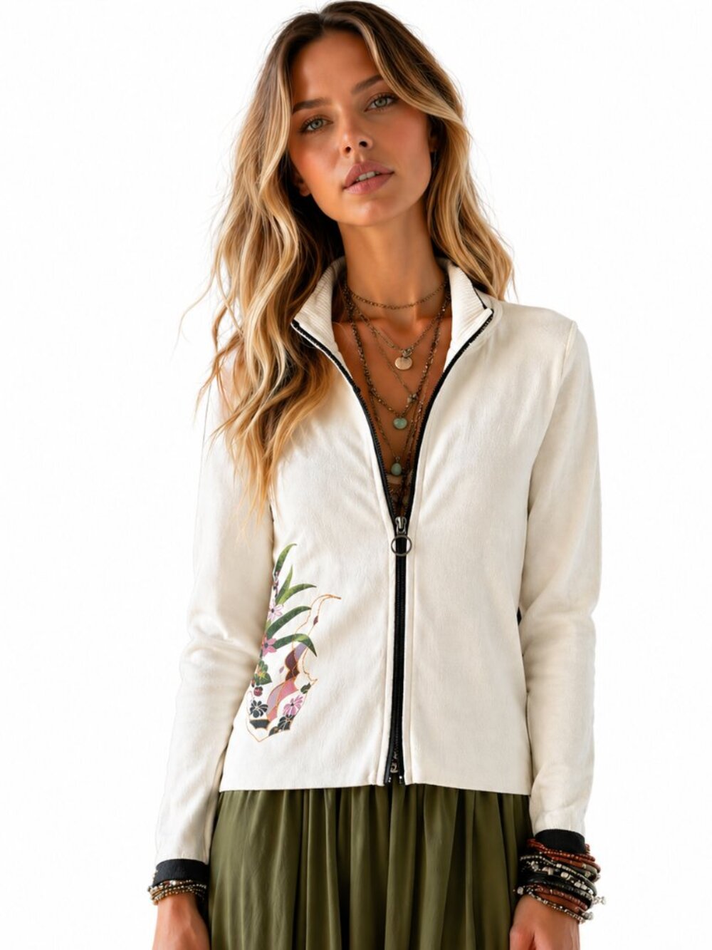 Point Zero Cotton blend Y2K cardigan, black cuffs and trim, w. floral print